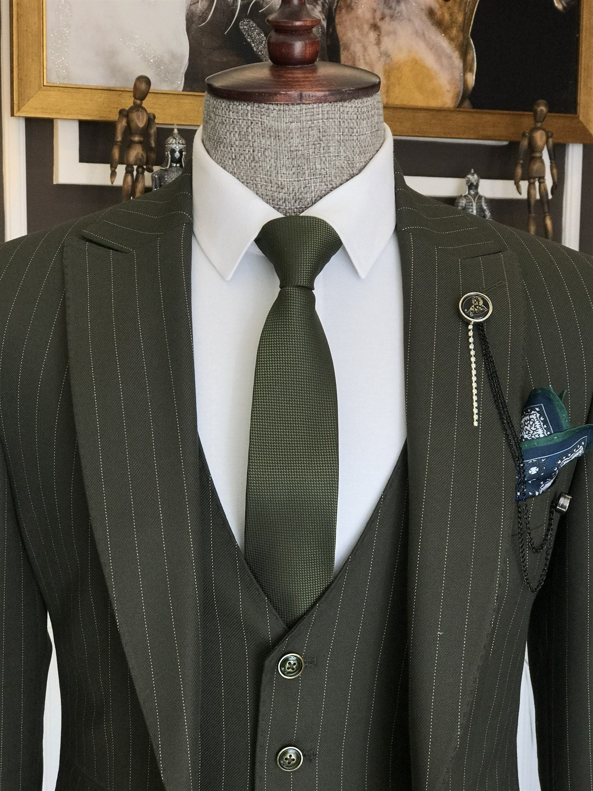 Bojoni Dark Green Striped Slim-Fit Suit 3-Piece