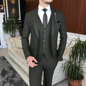 Bojoni Dark Green Striped Slim-Fit Suit 3-Piece