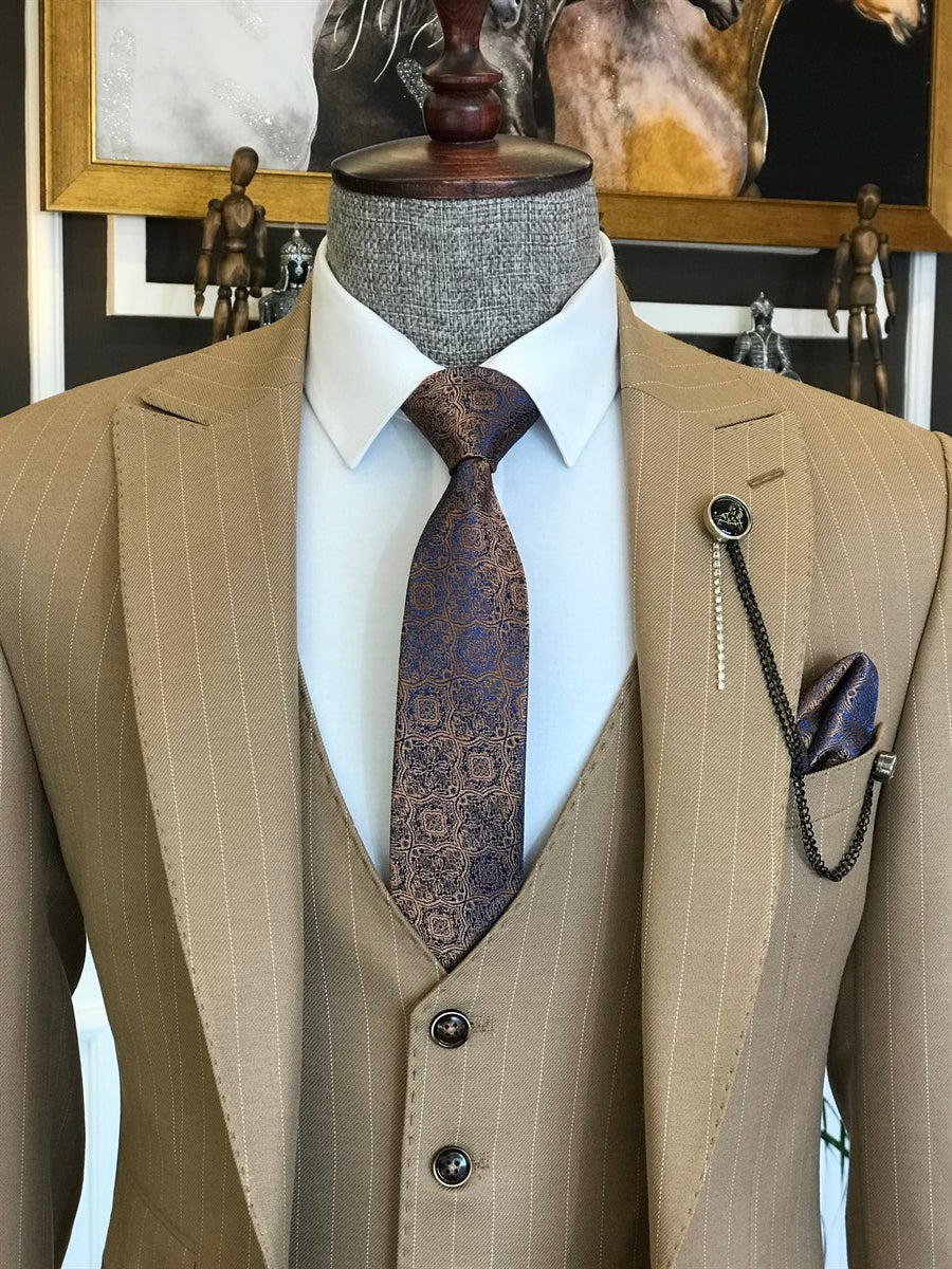 Bojoni Camel Striped Slim-Fit Suit 3-Piece