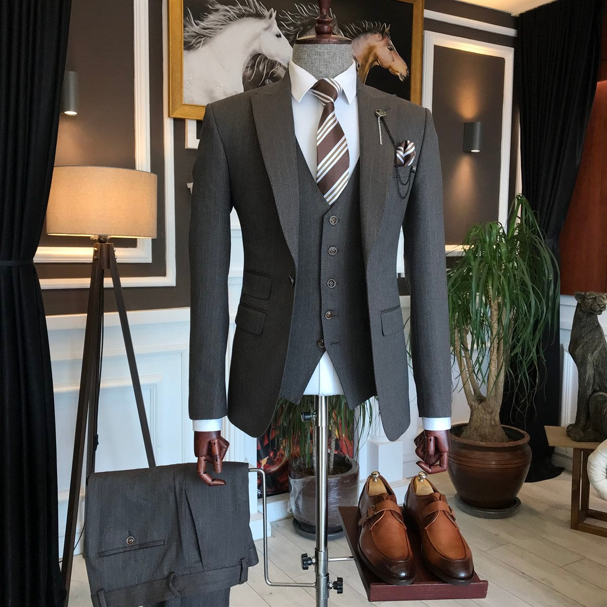Bojoni Brown Striped Slim-Fit Suit 3-Piece