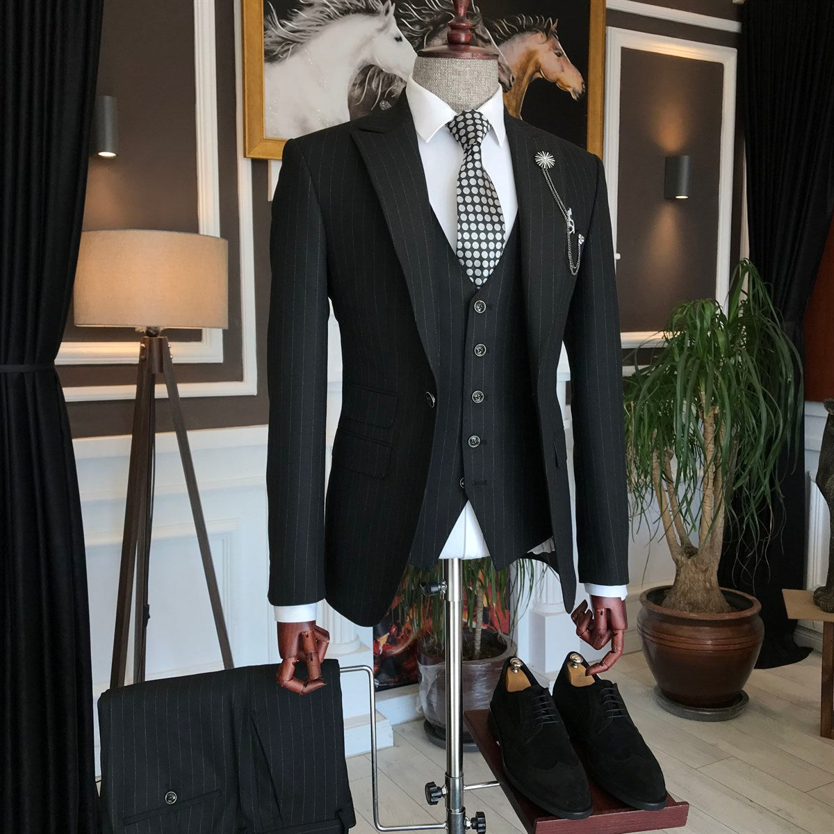 Bojoni Black Striped Slim-Fit Suit 3-Piece