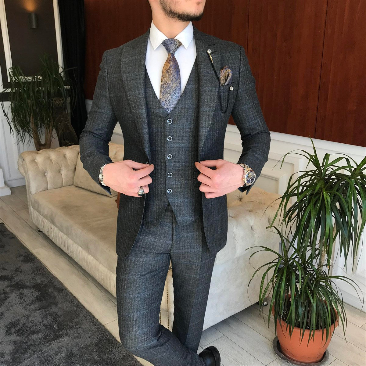 Bojoni Grey Plaid Slim-Fit Suit 3-Piece