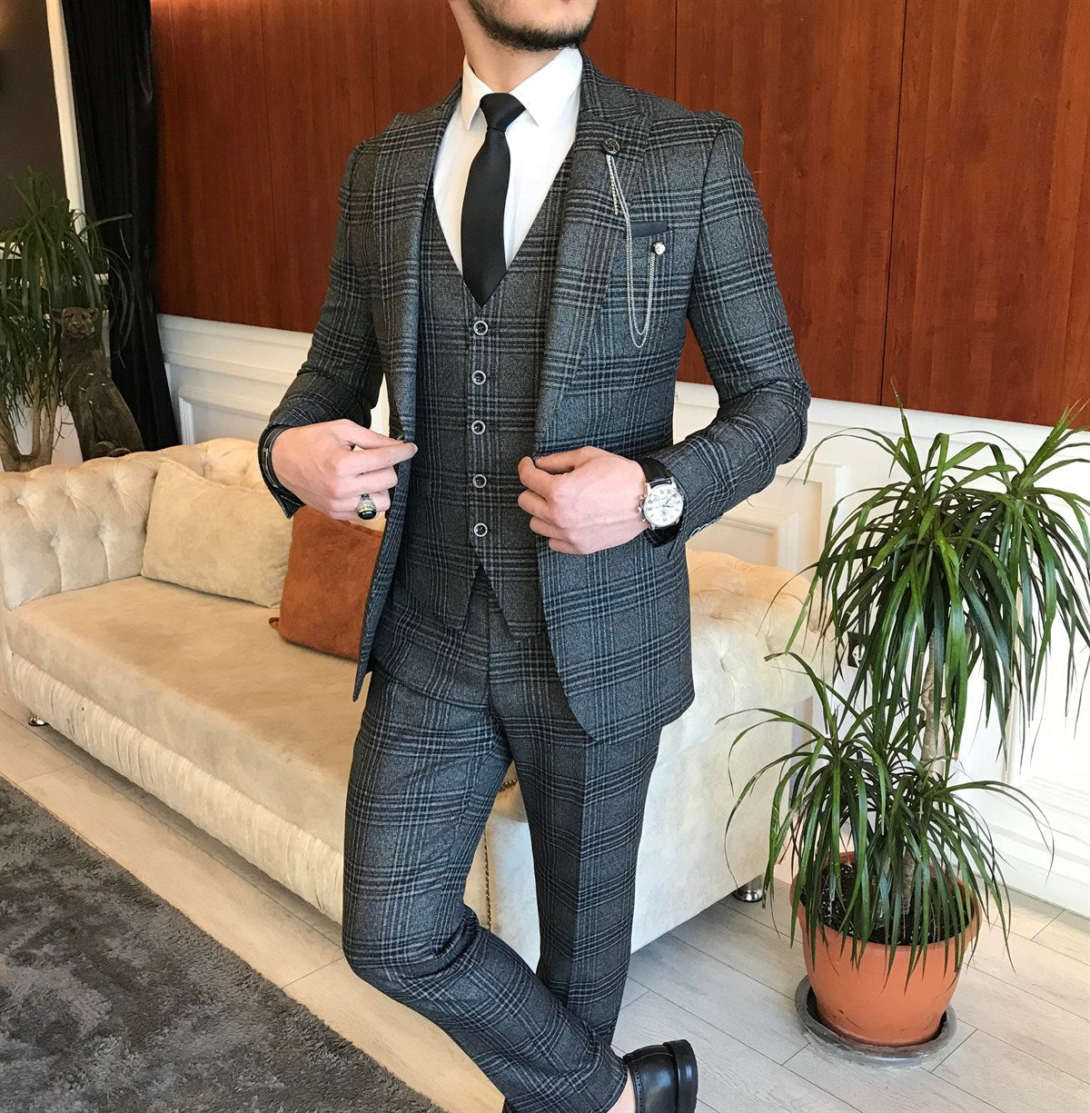 Bojoni Grey Plaid Slim-Fit Suit 3-Piece