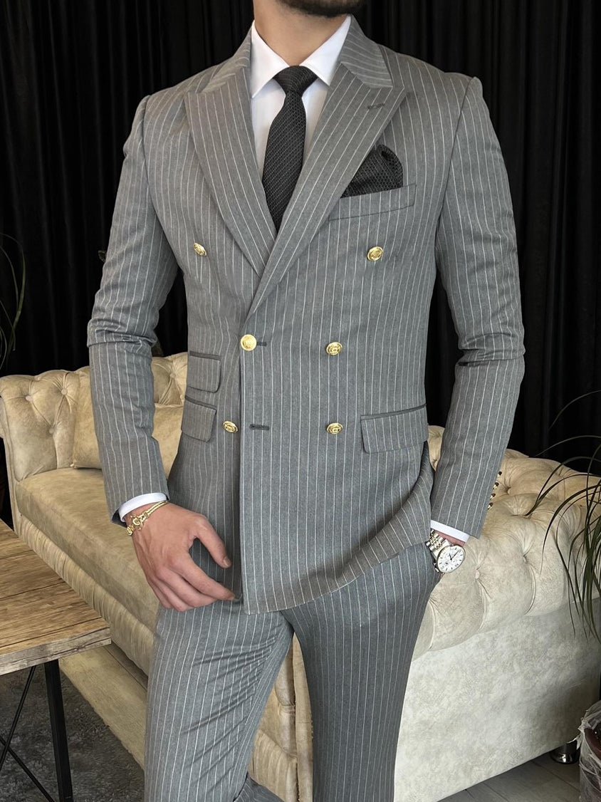 Grey Striped Double Breasted Suit 2-Piece