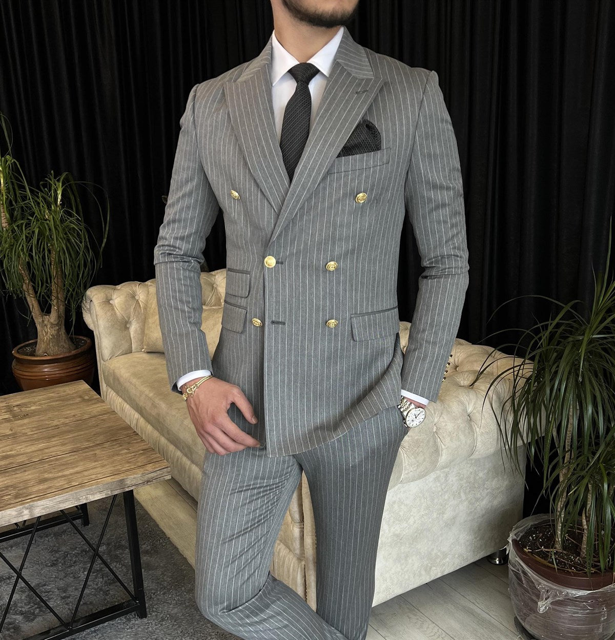 Grey Striped Double Breasted Suit 2-Piece