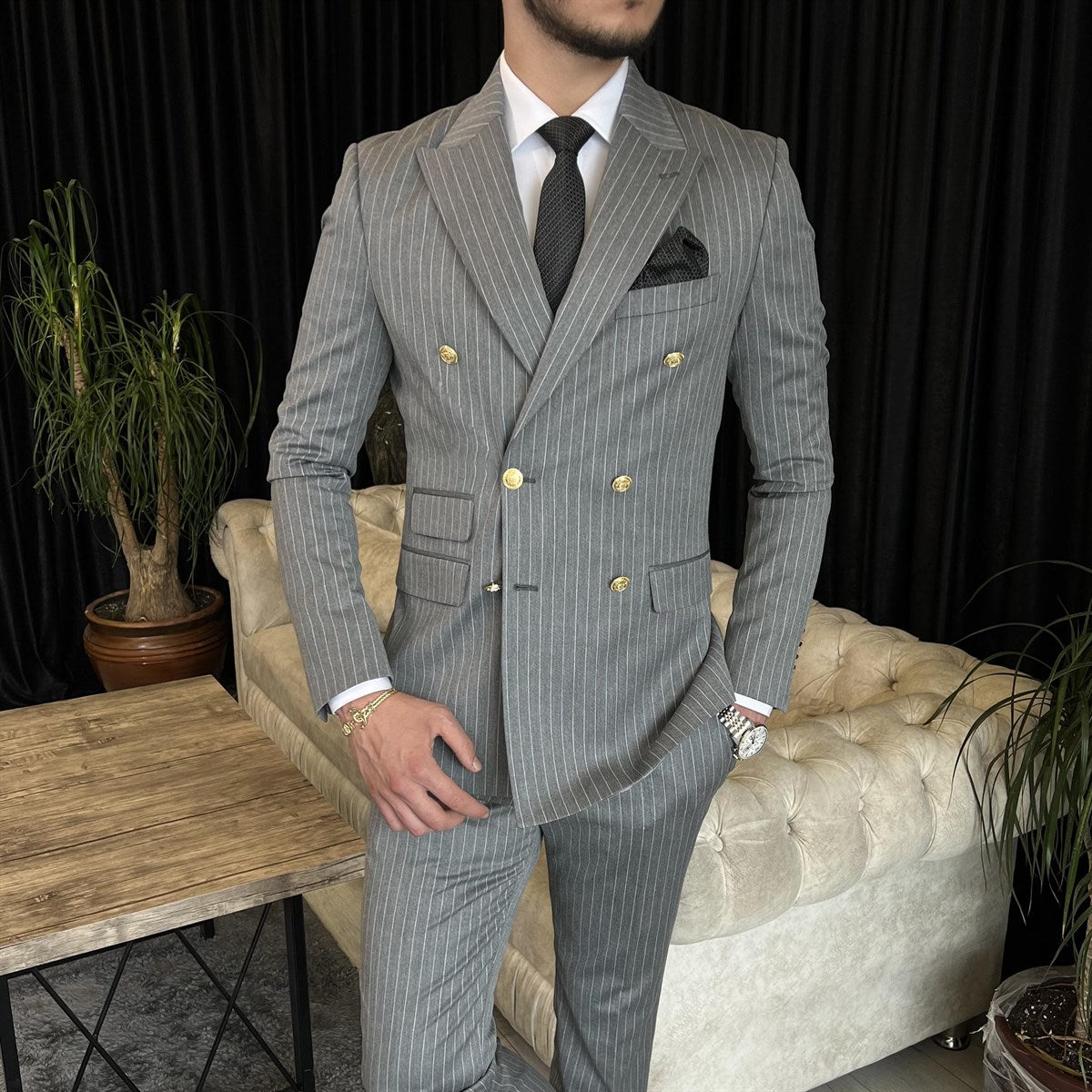 Grey Striped Double Breasted Suit 2-Piece