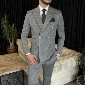 Grey Striped Double Breasted Suit 2-Piece