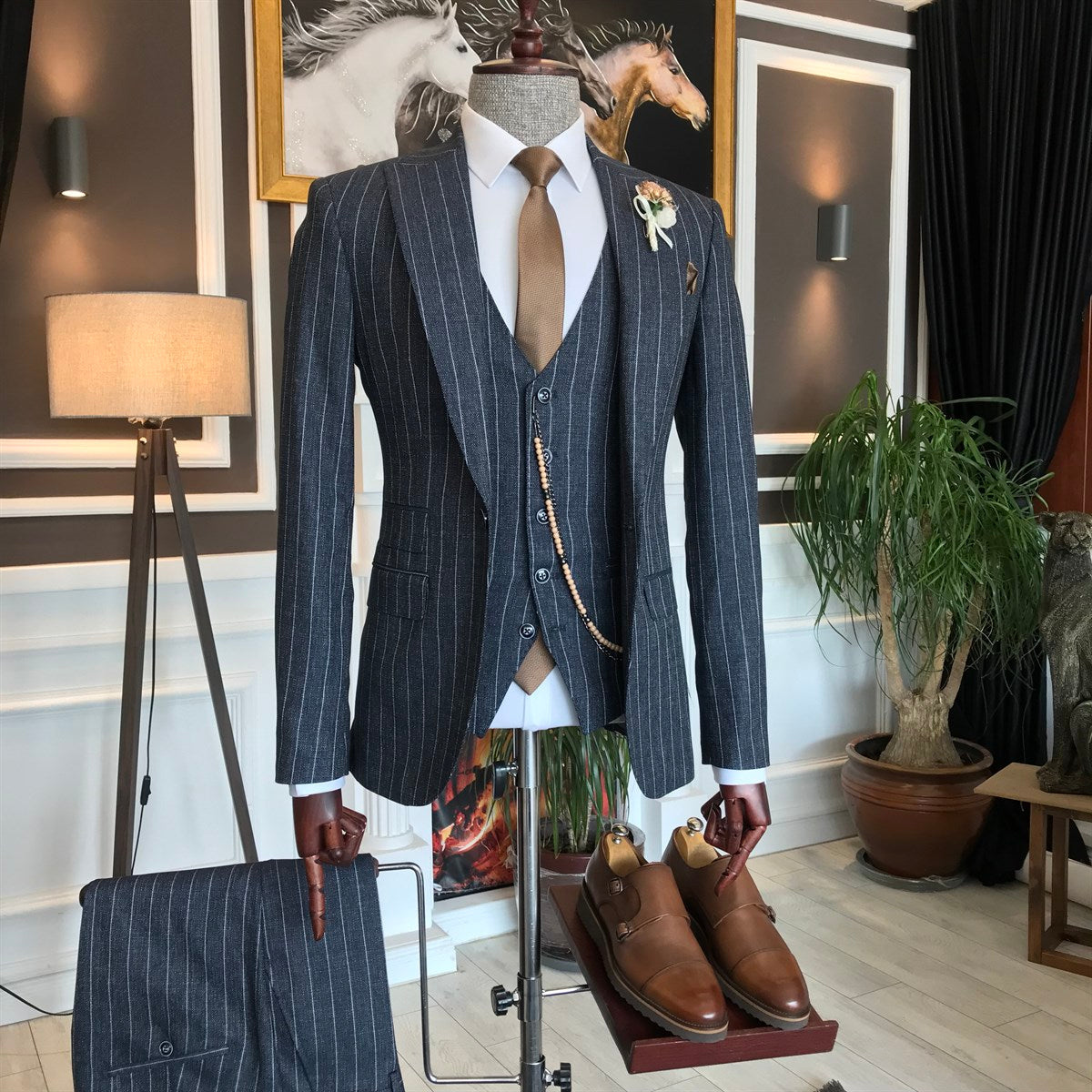 Bojoni Navy Striped Slim-Fit Suit 3-Piece