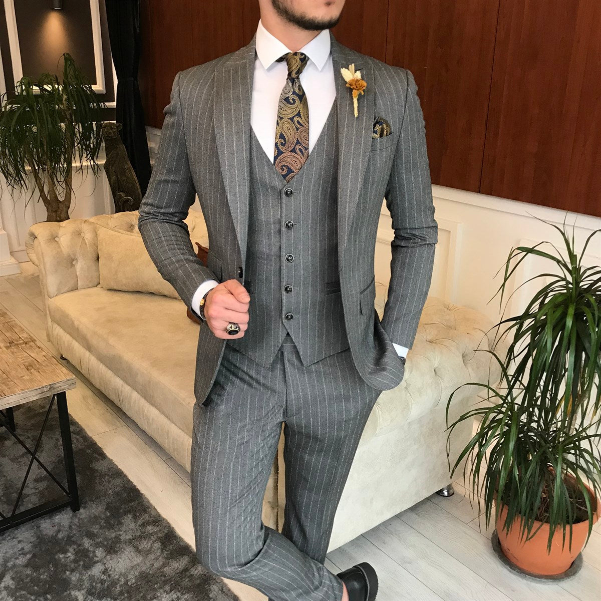 Bojoni Grey Striped Slim-Fit Suit 3-Piece