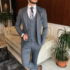 Bojoni Grey Striped Slim-Fit Suit 3-Piece