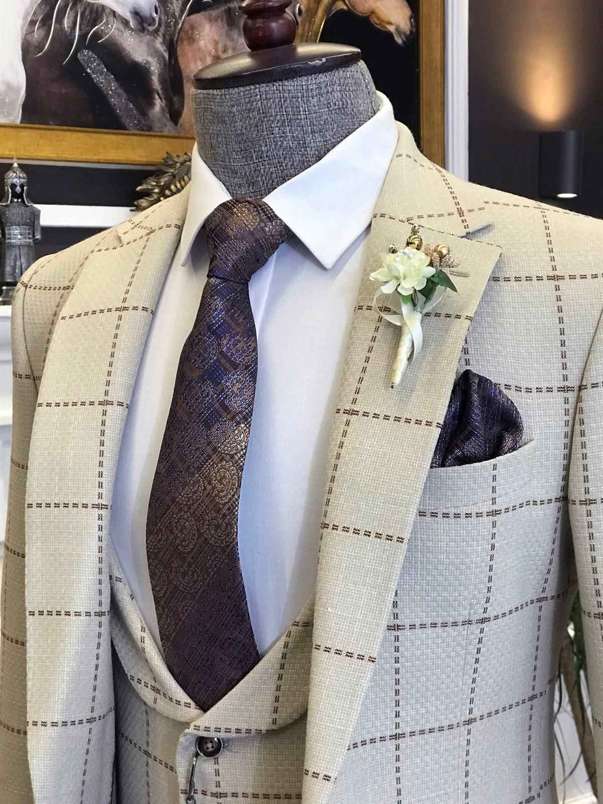 Bojoni Beige Plaid Slim-Fit Suit 3-Piece