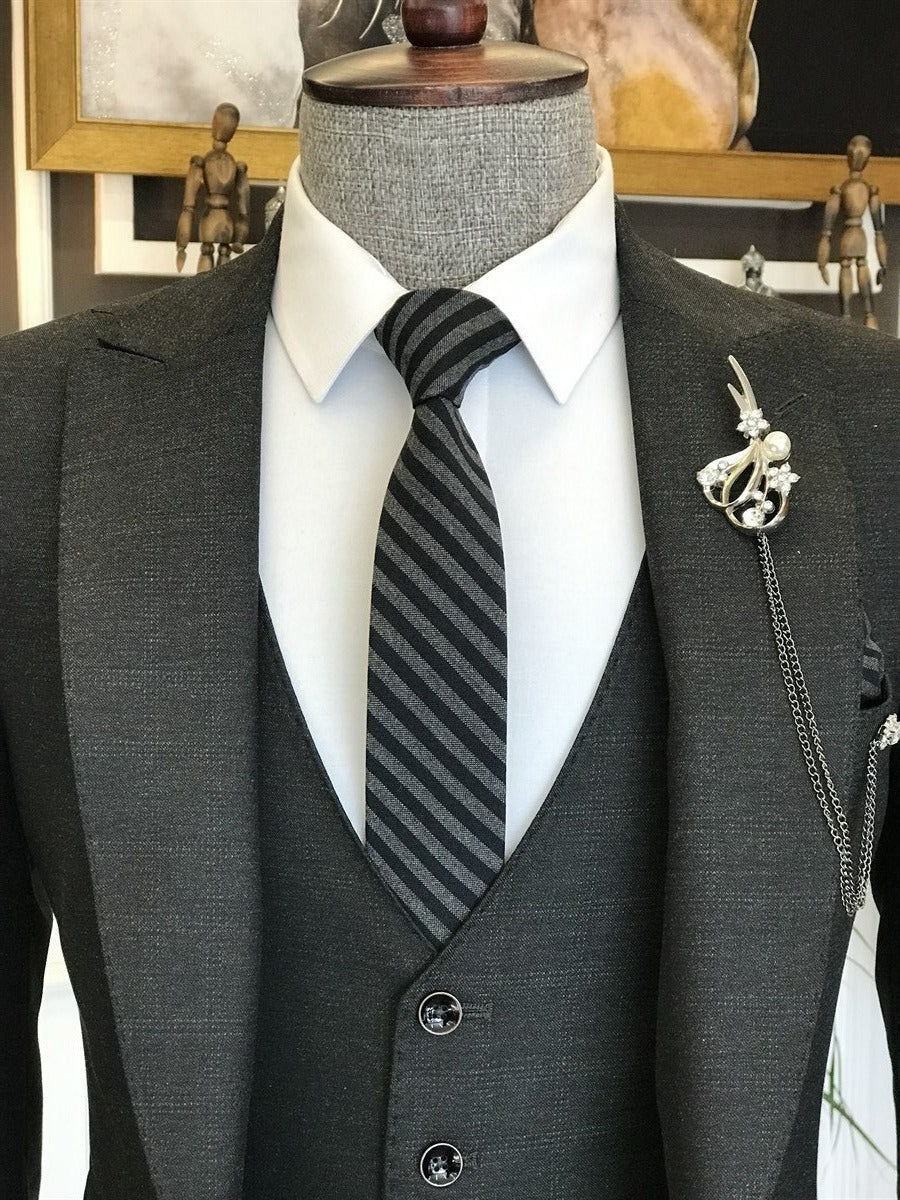 Bojoni Dark Grey Plaid Slim-Fit Suit 3-Piece