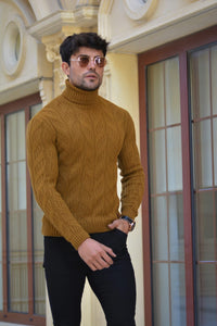 Vicenza Slim-fit Patterned Turtleneck wool Knitwear Camel-baagr.myshopify.com-sweatshirts-BOJONI