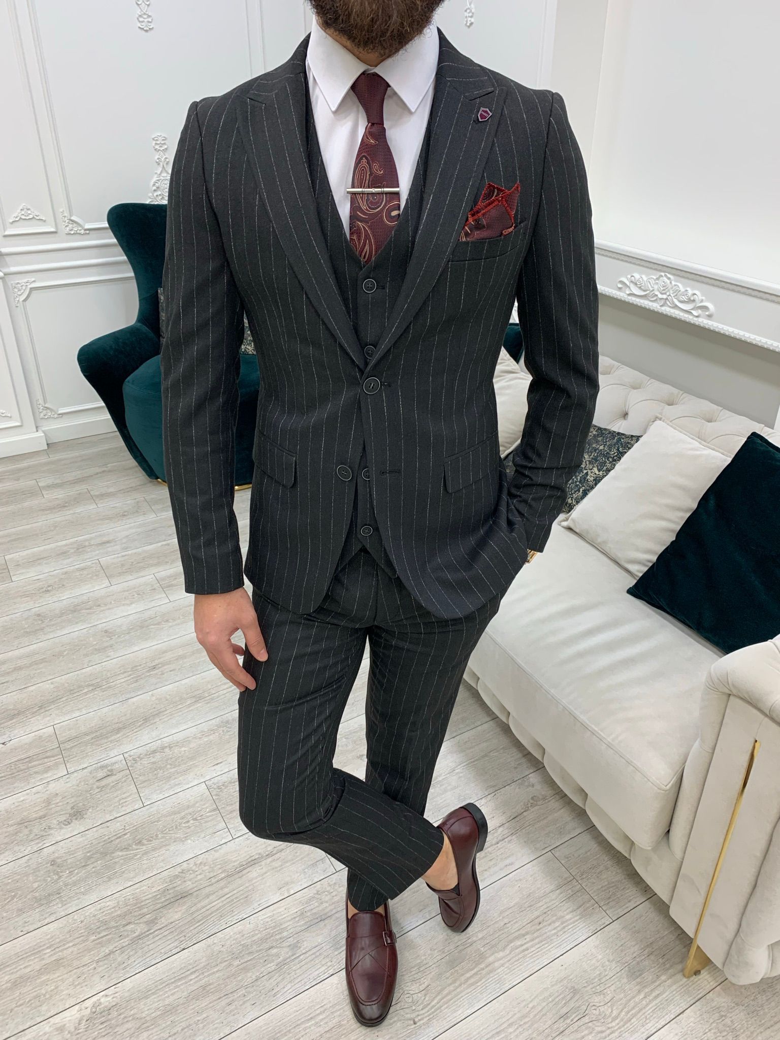 Bojoni Huntingron Striped Smoked Slim Fit Suit