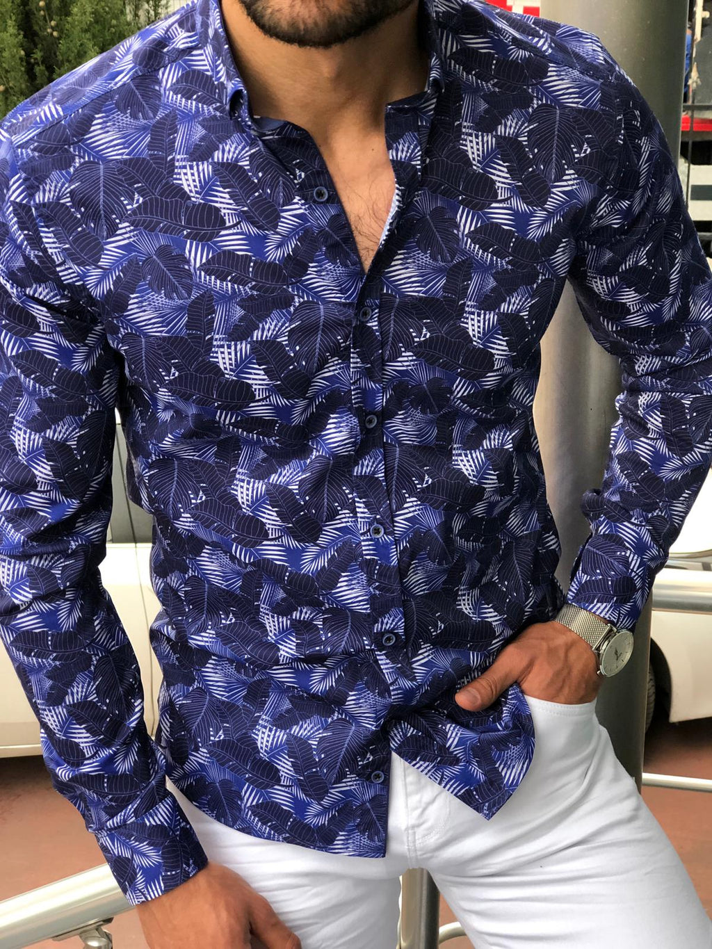 Blake Dark Blue Patterned Slim Shirt-baagr.myshopify.com-Shirt-BOJONI