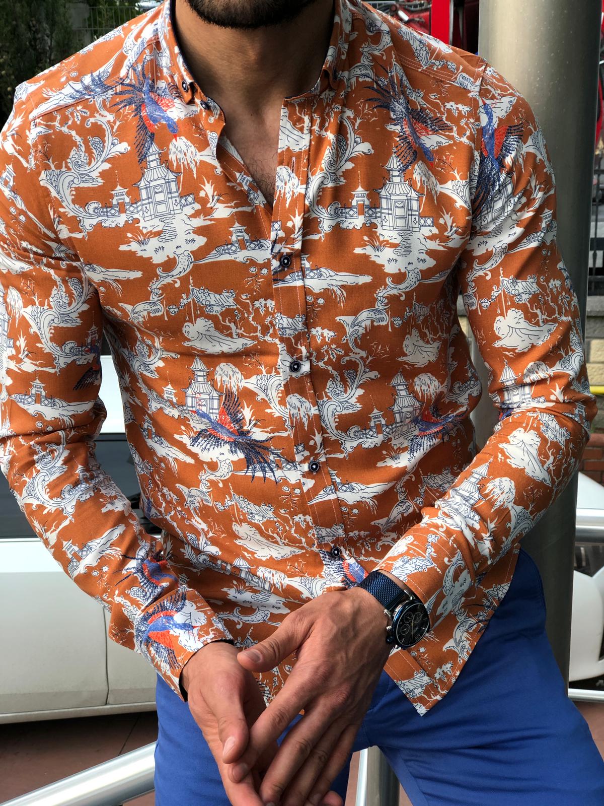 Blake Orange Patterned Slim Shirt-baagr.myshopify.com-Shirt-BOJONI