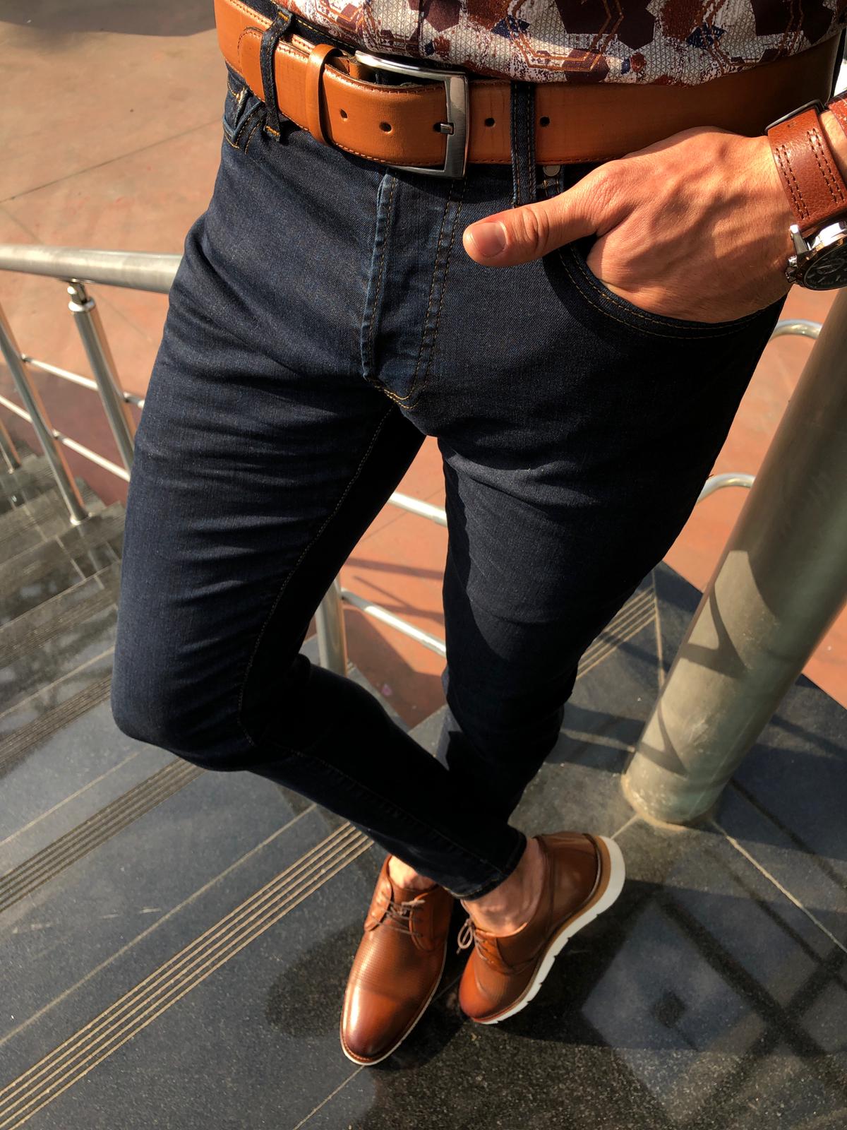 Slim-Fit Ripped Jeans Navy Blue-baagr.myshopify.com-Pants-BOJONI