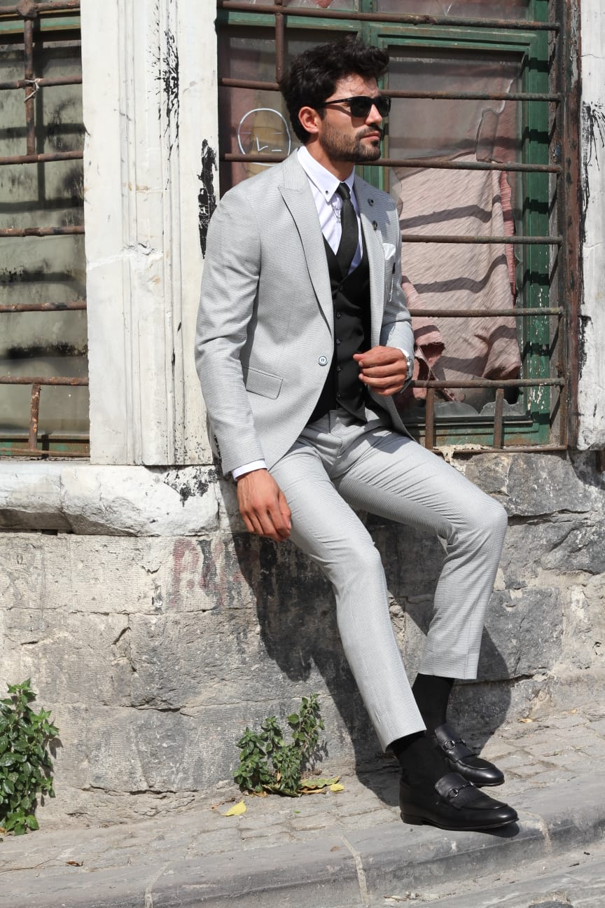 Bojo Slim-Fit Patterned Suit Grey ( BIG SIZES )-baagr.myshopify.com-suit-BOJONI