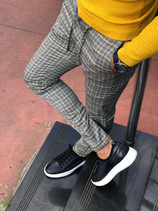 Cris Slim-fit Plaid Pants Grey & Mustard-baagr.myshopify.com-Pants-BOJONI