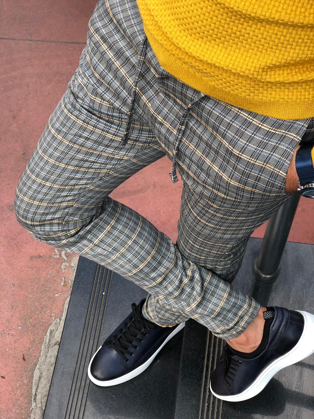 Cris Slim-fit Plaid Pants Grey & Mustard-baagr.myshopify.com-Pants-BOJONI