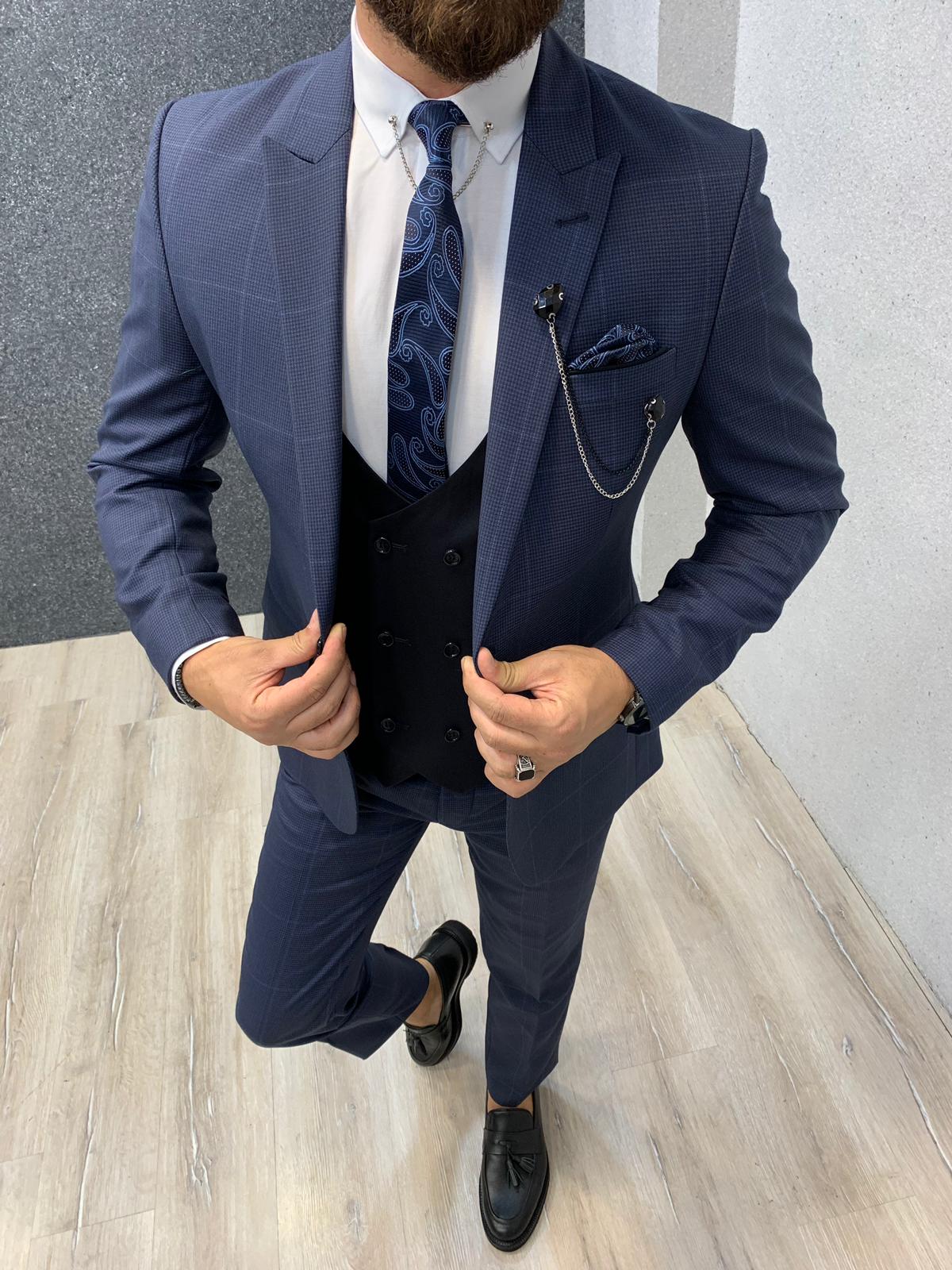 Kinda  Slim Fit Plaid Suit Navy-baagr.myshopify.com-1-BOJONI