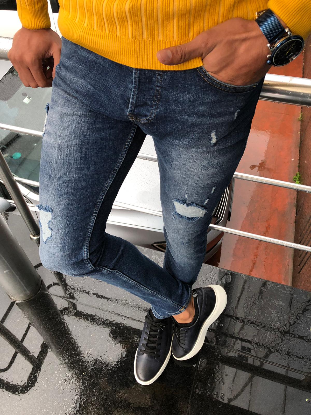 Major Slim-Fit Ripped Jeans Navy Blue-baagr.myshopify.com-Pants-BOJONI