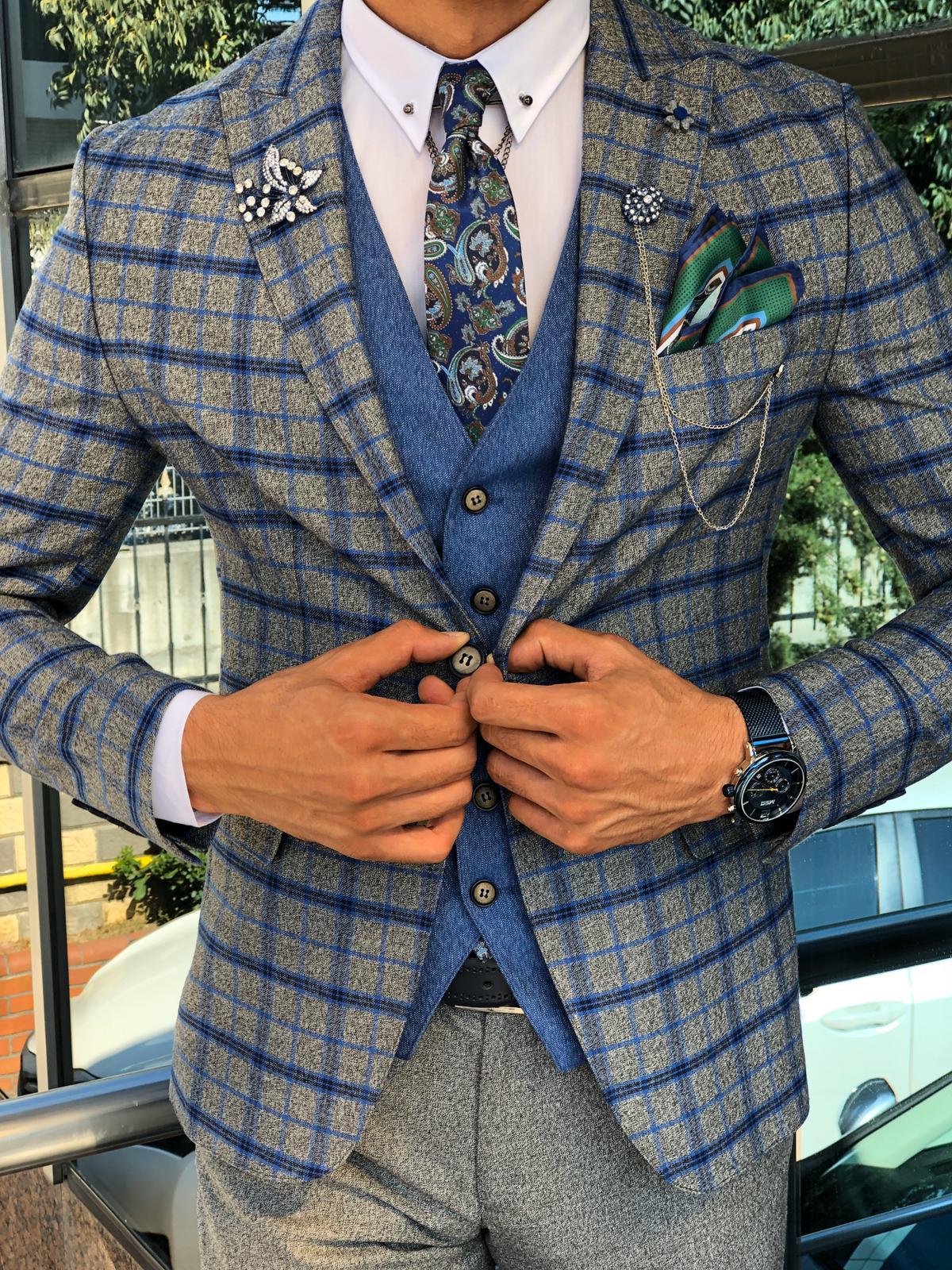 Slim-Fit Plaid Suit Vest Sax-baagr.myshopify.com-suit-BOJONI