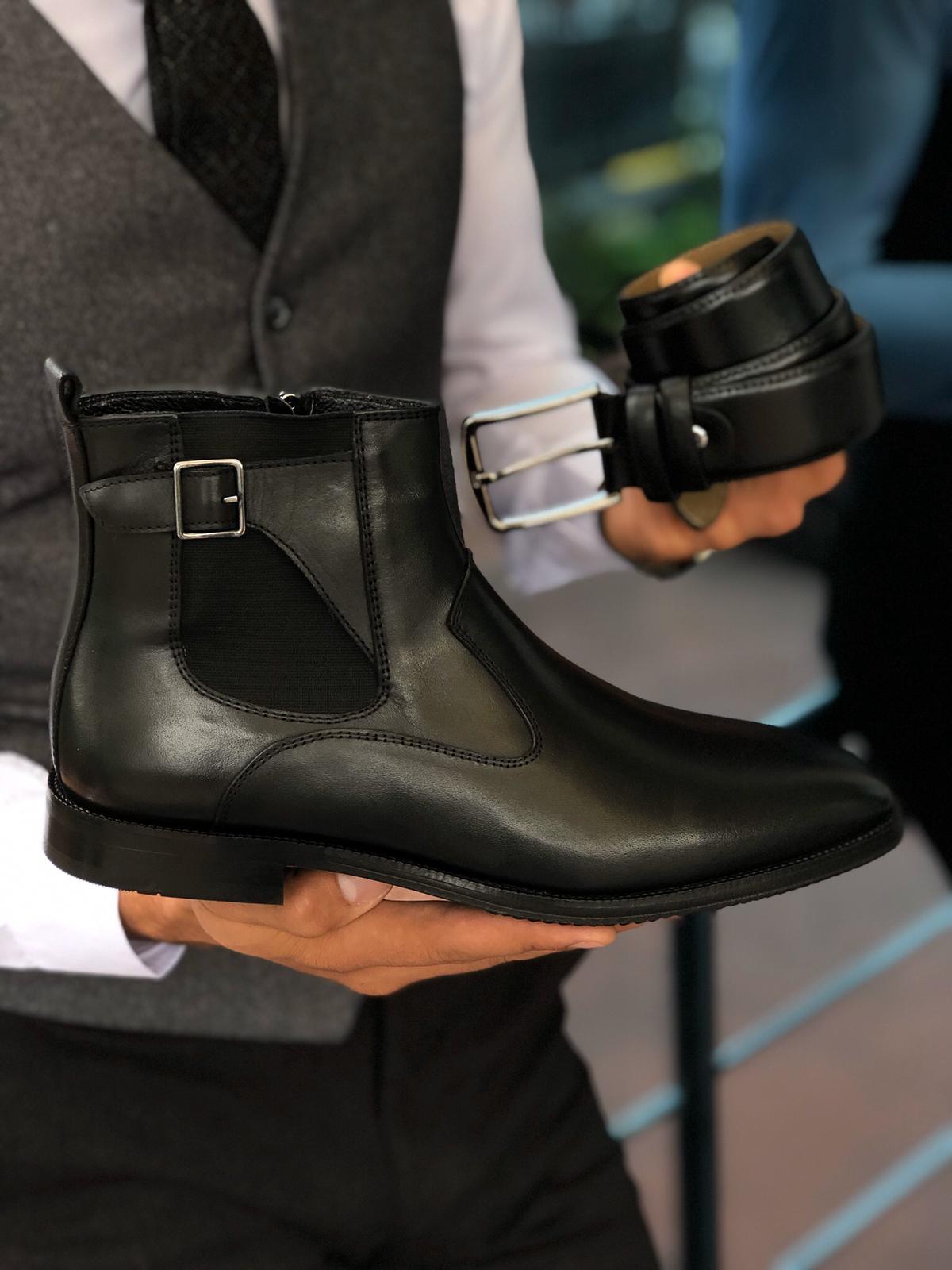 Chelsea Buckle Detail With Classic Leather Boots Black-baagr.myshopify.com-shoes2-BOJONI