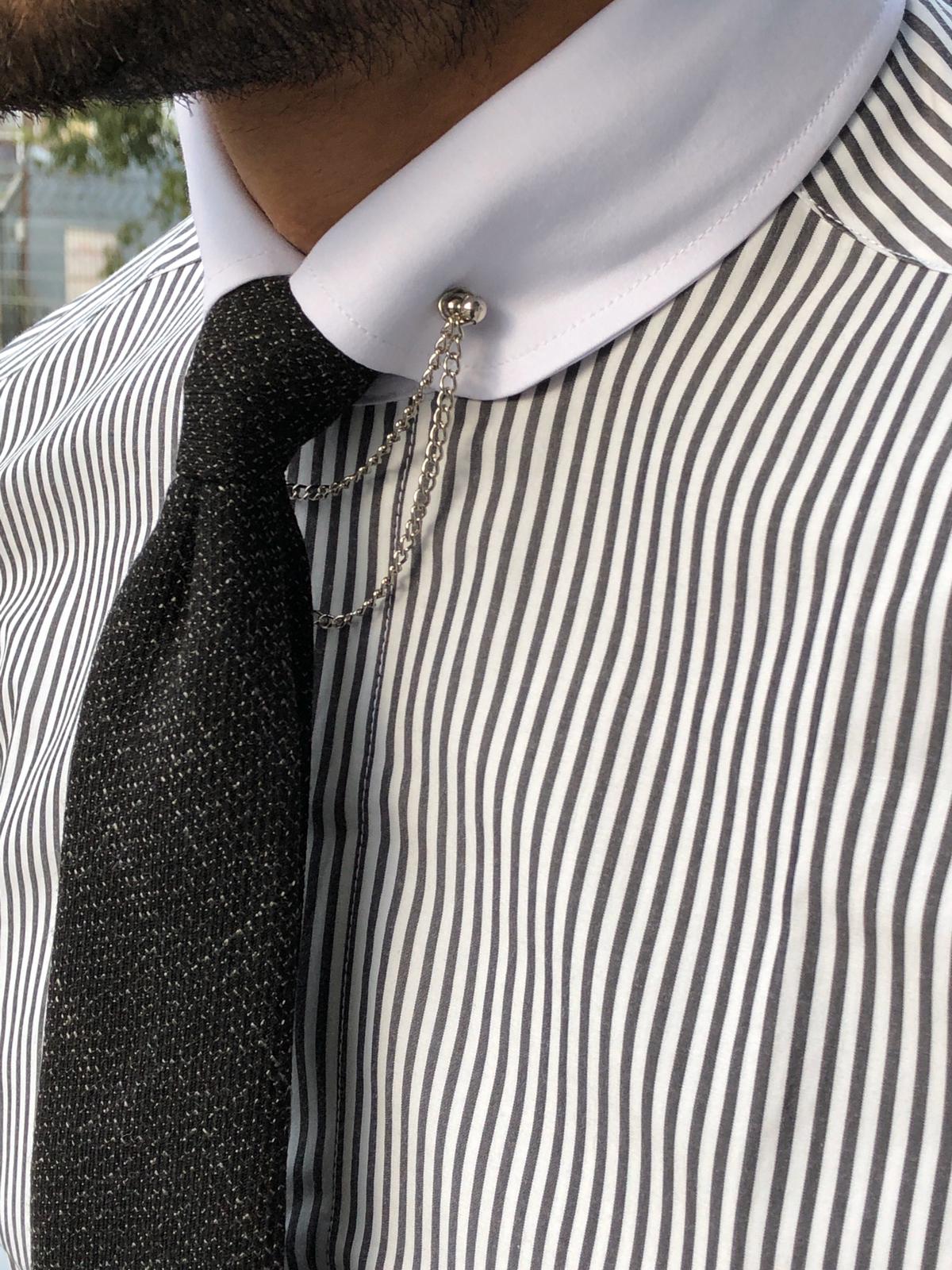 Slim-Fit Striped Chain Collar Shirt Black-baagr.myshopify.com-Shirt-BOJONI