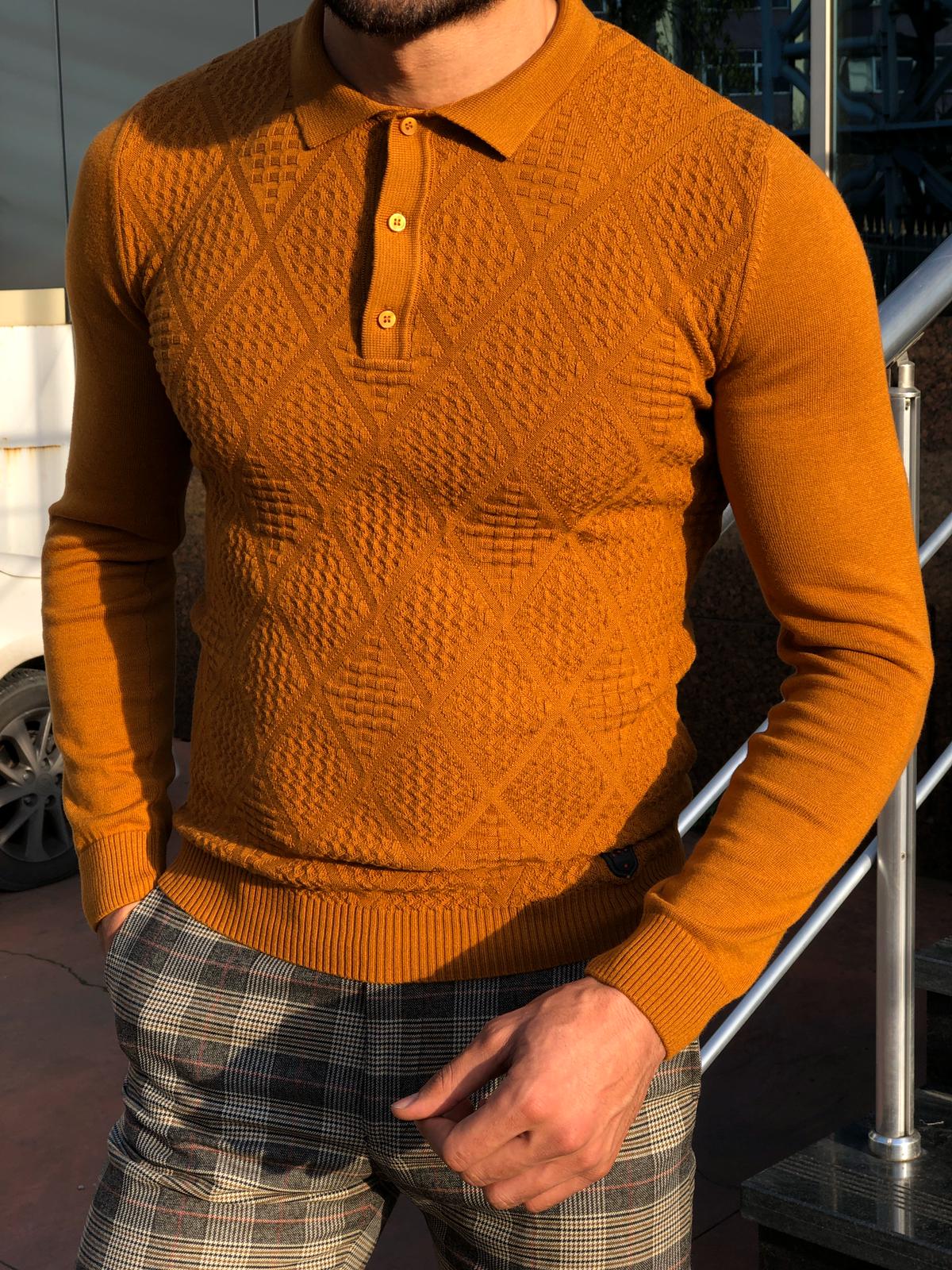 Calvin Slim-Fit Polo Collar Knitwear Sweater Camel-baagr.myshopify.com-sweatshirts-BOJONI