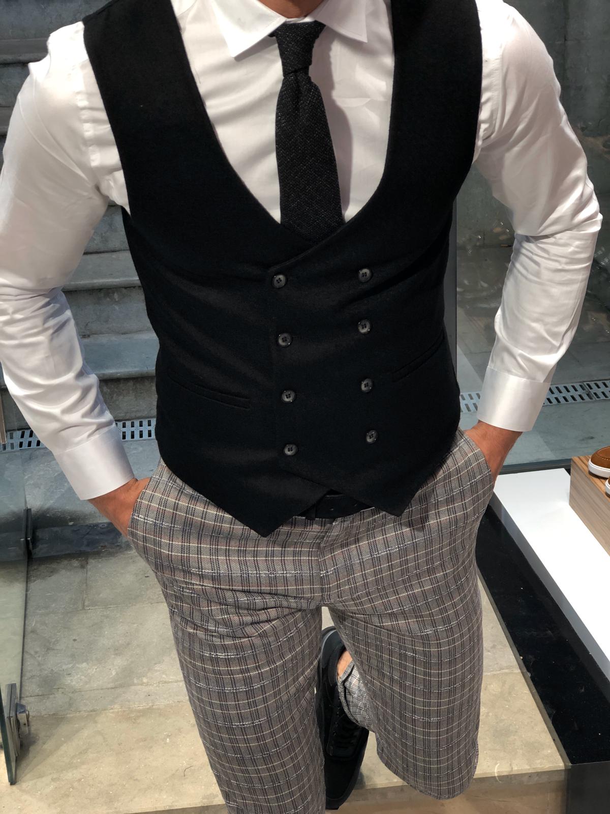 Slim-Fit Wool Double-Breasted Vest Black-baagr.myshopify.com-suit-BOJONI