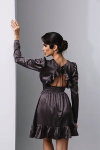 Viclans Satin Mini Brown Dress with Ruffle Back