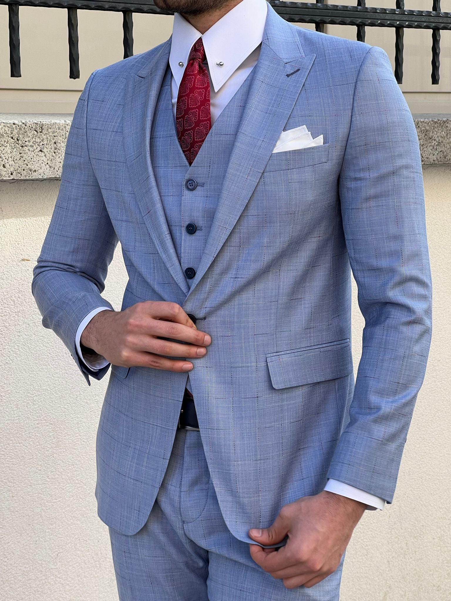 Bojoni Montebello Slim Fit High Quality Woolen Blue Plaid Suit