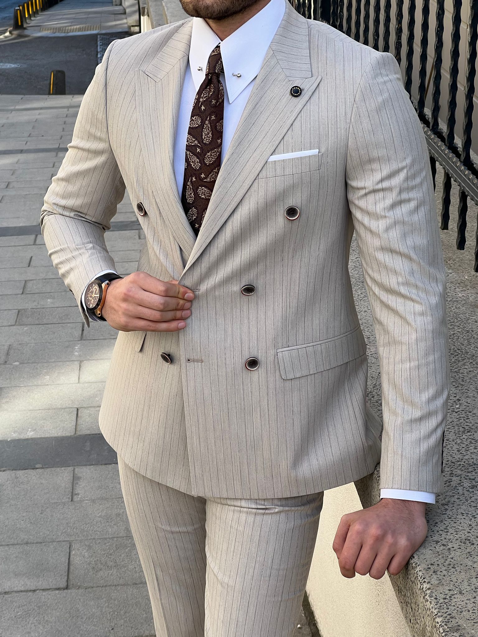 Bojoni Montebello Slim Fit High Quality Striped Double Breasted Beige Suit