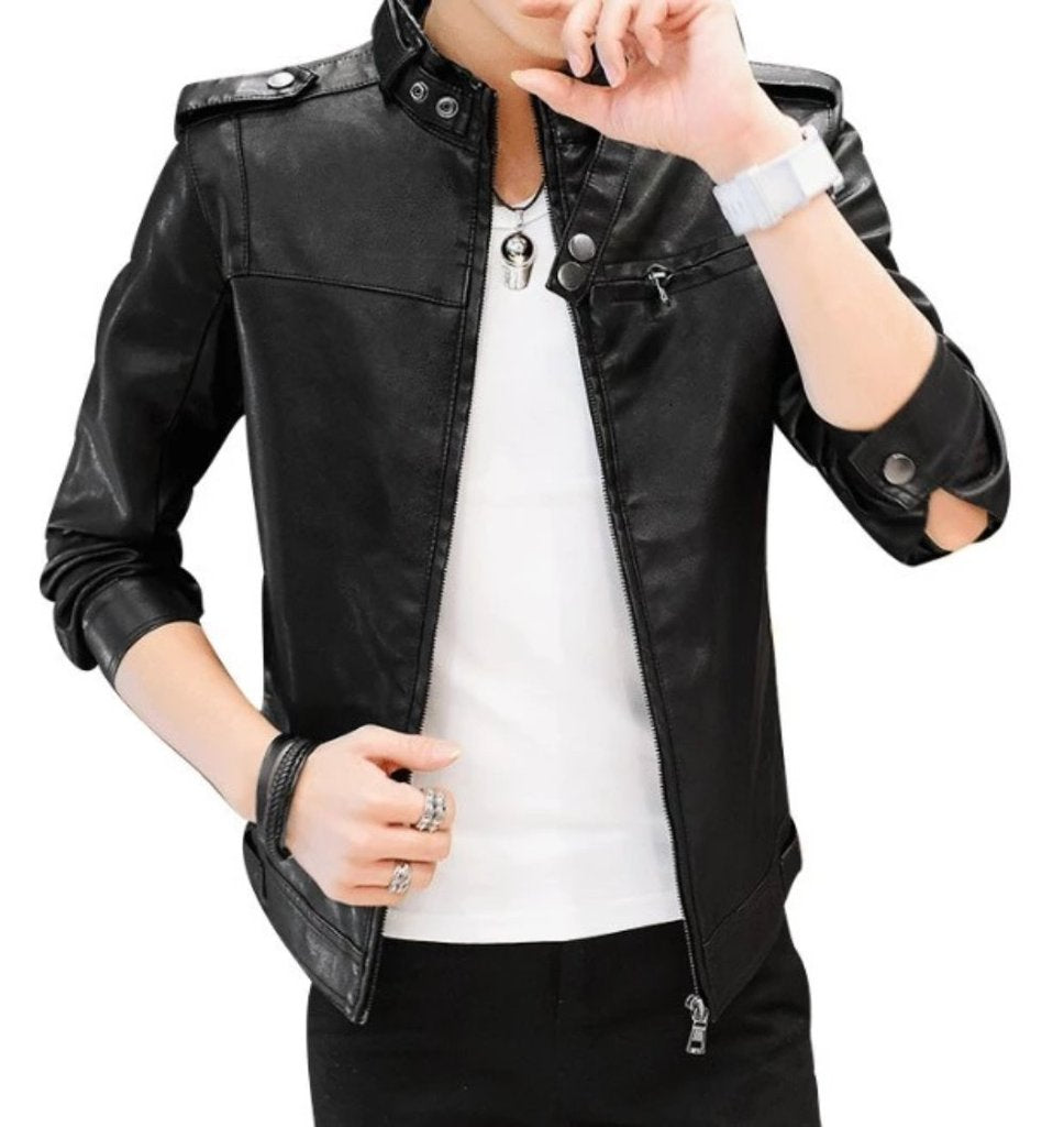 Mens Stand Collar Faux Leather Motorcyle Jacket