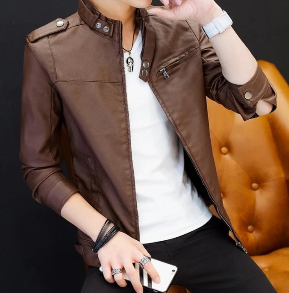 Mens Stand Collar Faux Leather Motorcyle Jacket