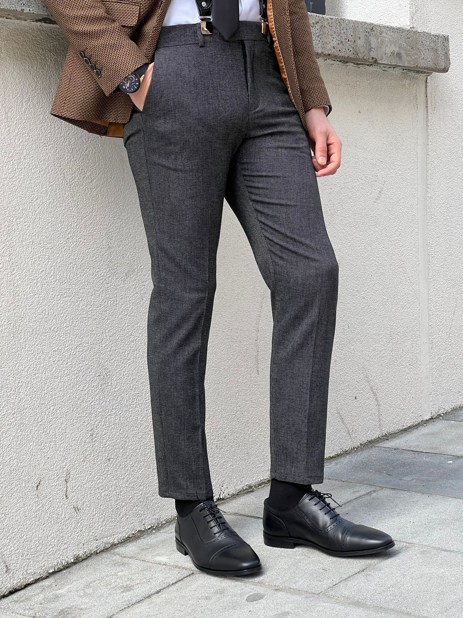 Bojoni Montebello Slim Fit High Quality Super Slim Micro Patterned Black Pants