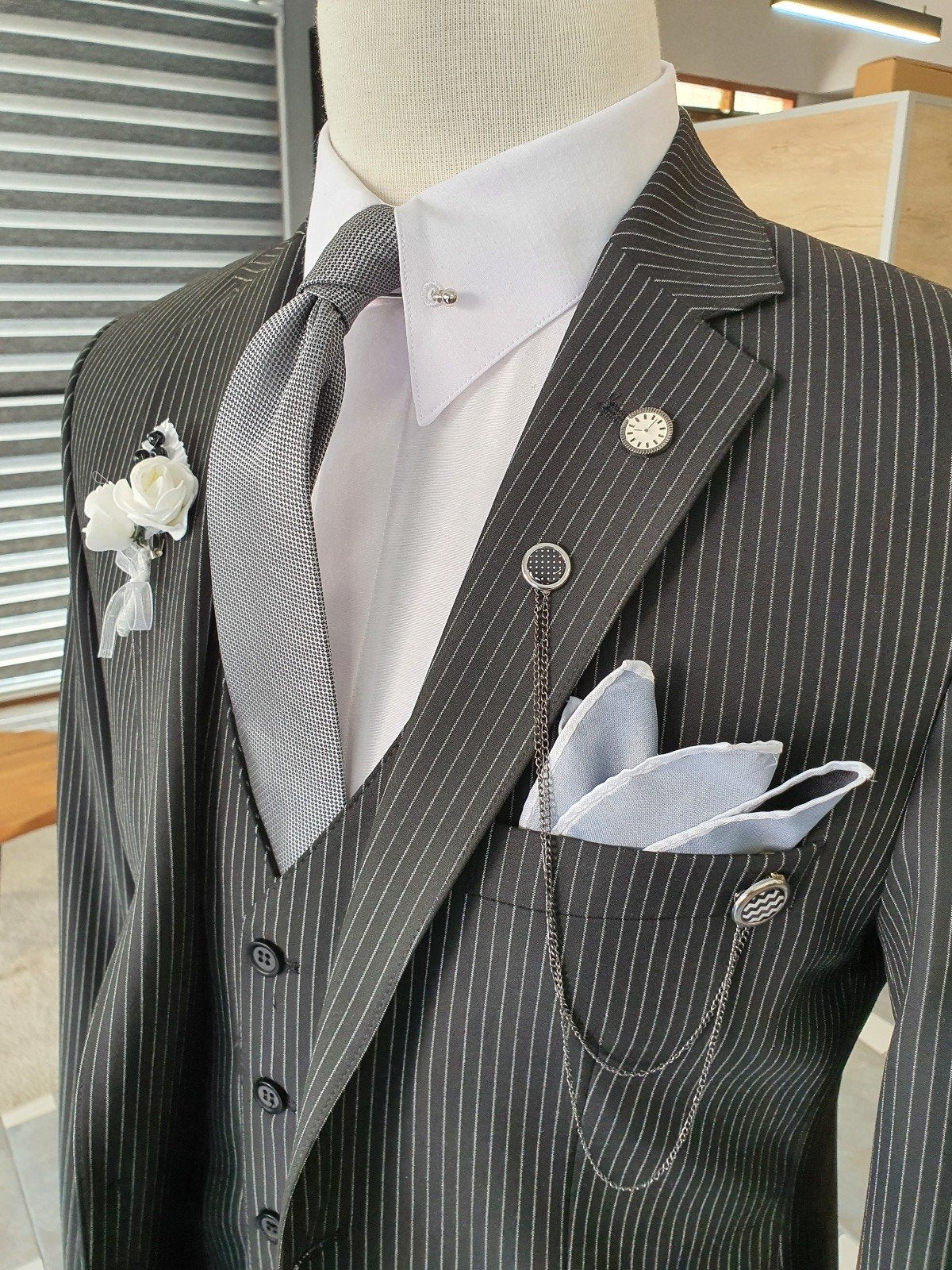 Giotto Black Slim Fit Notch Lapel Striped Suit-baagr.myshopify.com-suit-BOJONI