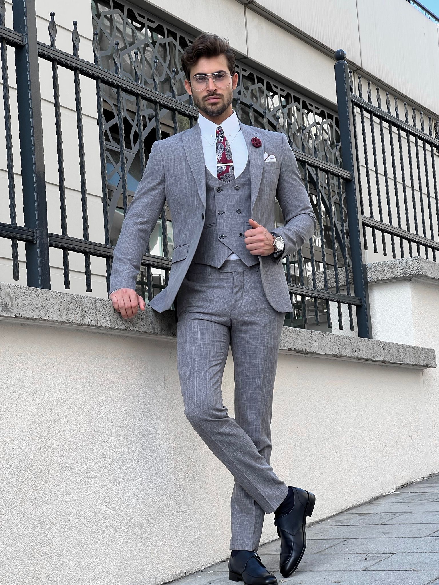 Bojoni Astoria Slim Fit Patterned Pointed Collared Gray Suit