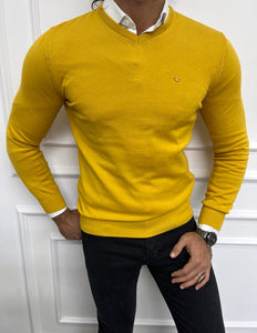 Leon Slim Fit V-Neck Yellow Sweater – FIVEGENT