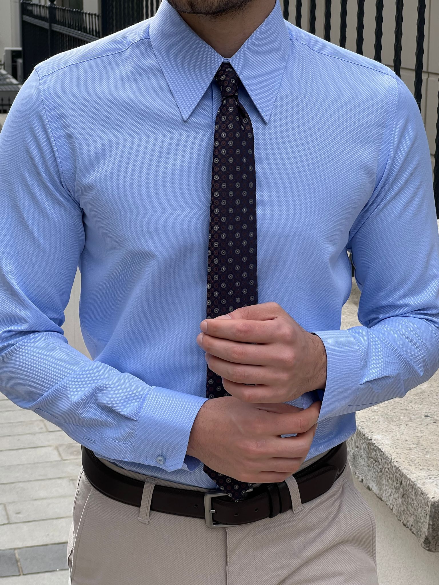 Bojoni Montebello Slim Fit High Quality Pointed Collared Blue Cotton Shirt