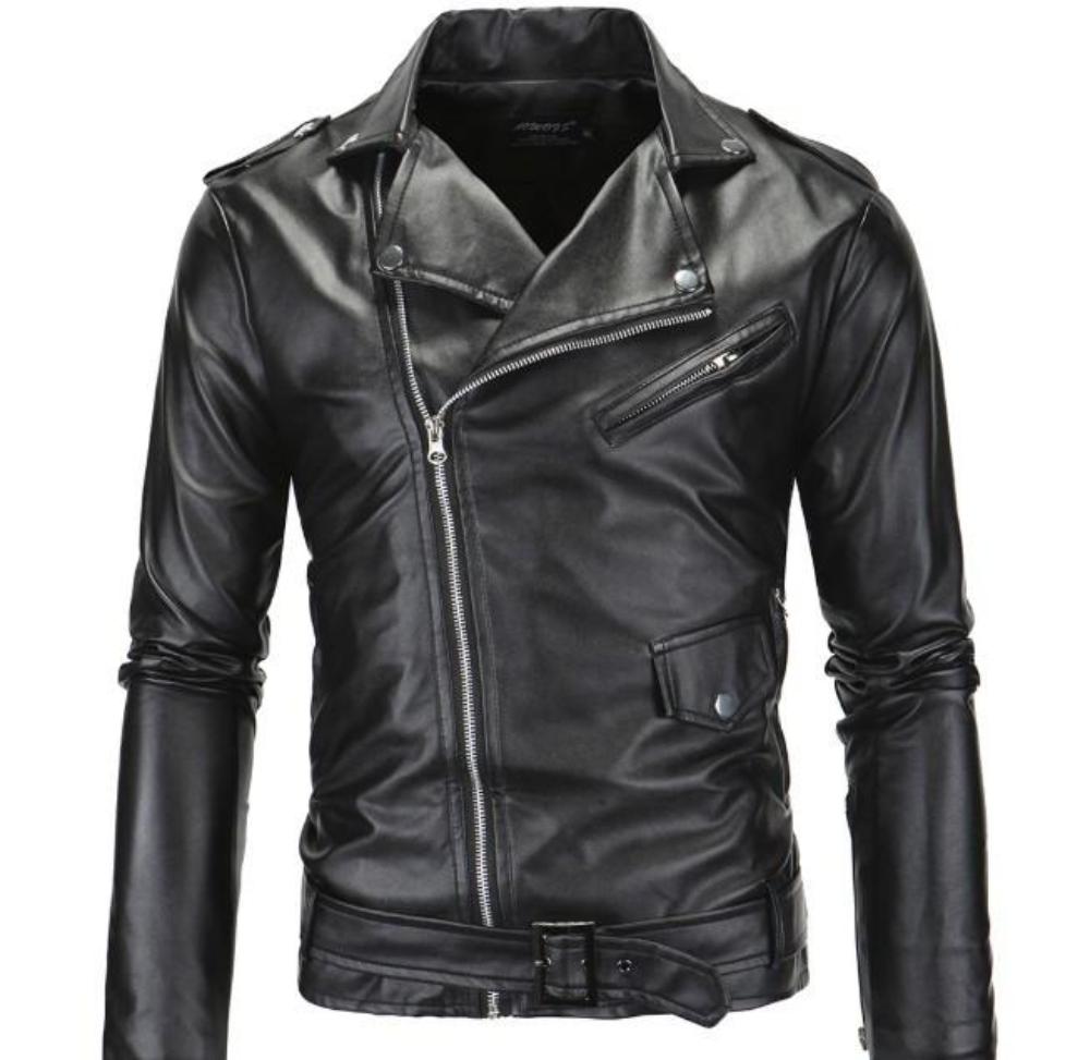 Mens Faux Leather Biker Jacket with Zipper Detail