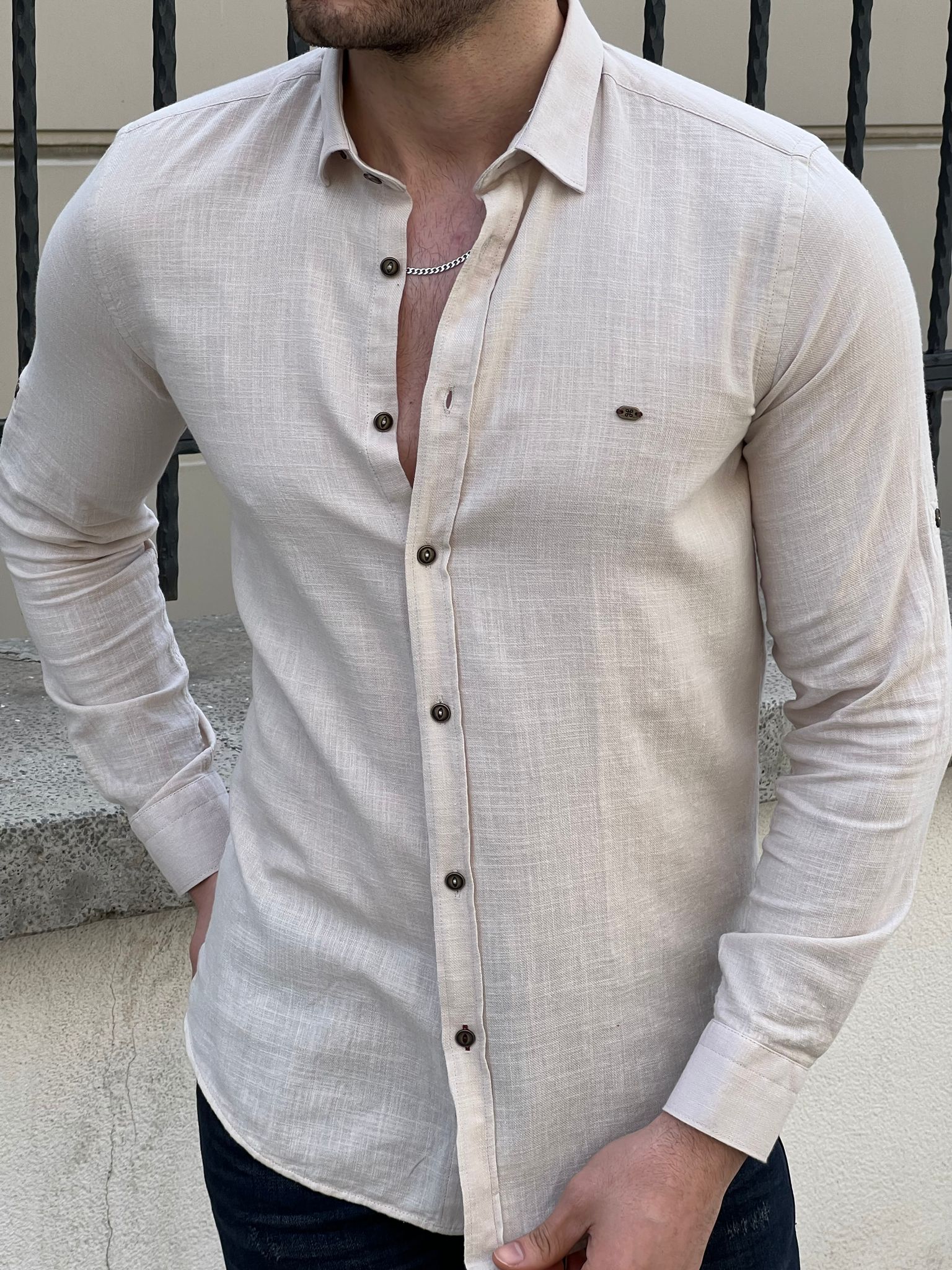 Bojoni Montebello Slim Fit High Quality Foldable Sleeve Beige Shirt