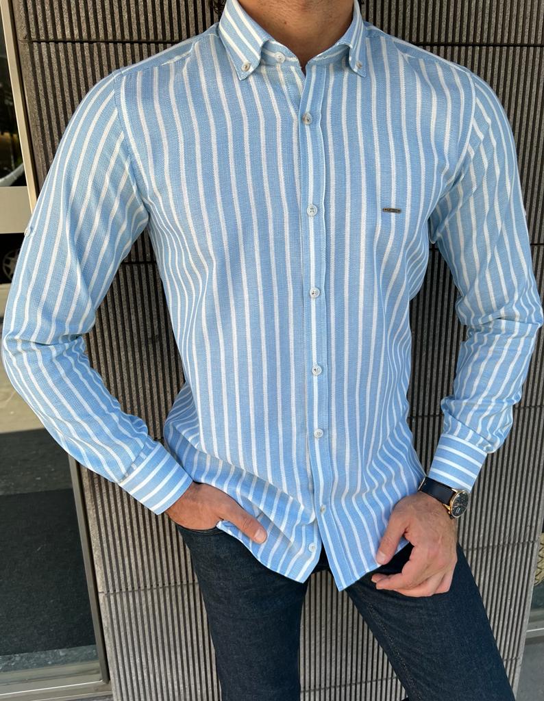 Giovanni Mannelli Slim fit Blue Striped Long Sleeve Shirt