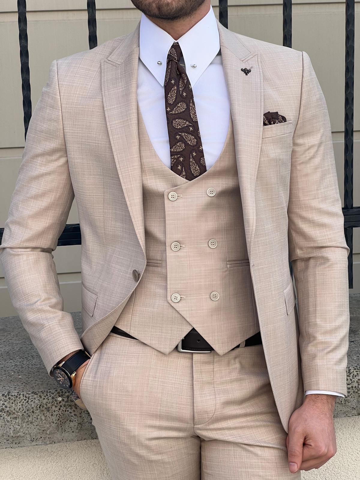 Bojoni Montebello Slim Fit Self-Patterned Woolen Beige Suit