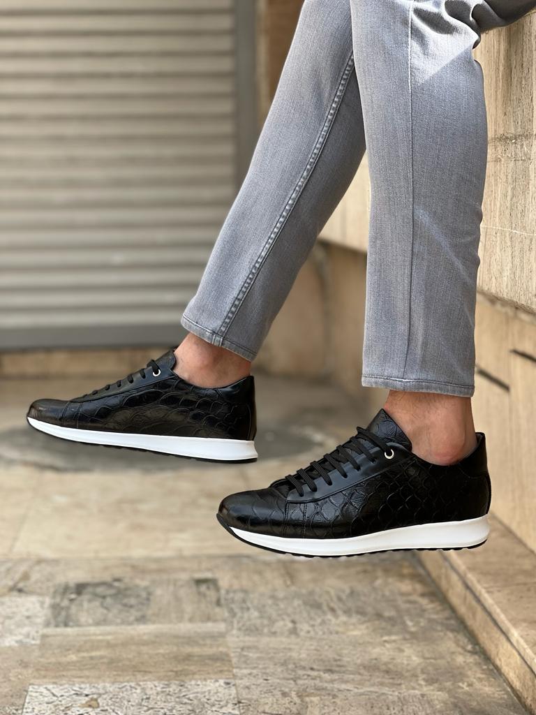 Benson Eva Sole Croc. Detailed Black Sneakers