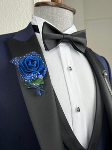 Luxe Slim Fit Patterned Navy Blue Dovetail Collared Tuxedo