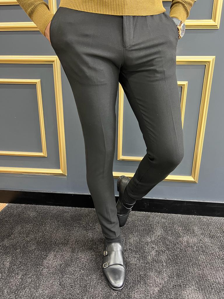 Thread Slim Fit Rope Detailed Black Trousers