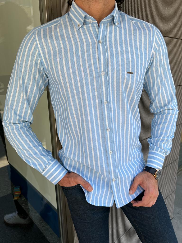 Giovanni Mannelli Slim fit Blue Striped Long Sleeve Shirt