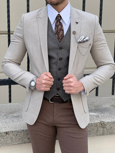 Bojoni Montebello Slim Fit High Quality Self Patterned Beige Suit
